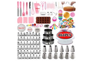 464pcs Cake Decorating Supplies Kit Cake Pan Nozzles Turntable Stand Piping Tips Set Custom Cake Tool Set with Baking