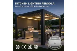 Modern Motorized Louvered Pergola with Integrated LED Strip Lights and Outdoor Kitchen for Residential Backyard Dining Gazebo