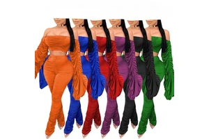 Women Slash Neck Off Shoulder Long Sleeve Tube Top and Ruched Pants Two Piece Classy Suits Female Solid Sexy Slim Top Two Piece