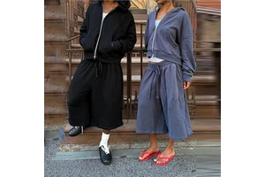 Custom 2 Piece Zip Up Hoodie Culotte Shorts Set Wide Leg Below Knee Elastic Drawstring Oversized Tracksuit Streetwear OEM