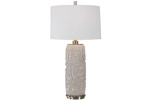 Textured Swirl Ceramic Cylinder Modern Table Lamp with Brass Base | Artisan Neutral Lighting for Hotel Bedroom & Office