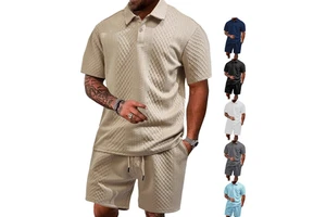 New Arrive Spring European American Men's Casual Breathable Knitted Sports Short Sleeve Suits Jacquard Two Pieces Polo Sets