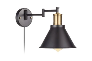 Bronze Black Finish Industrial LED Wall Lamp Swing Arm Plug-In Dimmable Line On/Off Switch E26 Base Bedside Reading Light