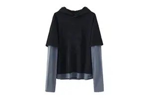 New Arrival Loose Hooded Double Layer Long Sleeve Casual Vintage Washed Cotton Black Blue Pretend 2 Piece T-Shirts For Men