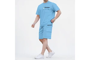 Men's Light Blue Casual Two Piece Set Crew Neck T-Shirt And Cargo Shorts Solid Color Breathable Knitted Summer Wear