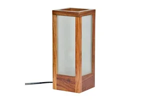 Small USB LED Table Lamp with Cane Lampshade and Wood Base for Bedroom Nightstand and Living Room