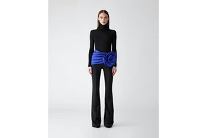 A11277 Women's Black Turtleneck Top & Flared Pants Set: Bold Blue Rose Sash - Elegant Office/Cocktail Party Two-Piece Outfit