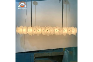 Linear Marble Slice Chandelier with Irregular Petal Shades for Modern Dining Room and Hotel Bar Long Horizontal Pendant Light