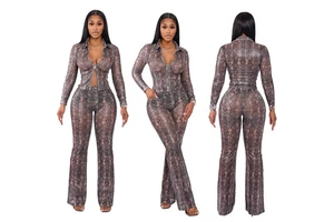 Snake Printing Long Sleeve Zip-up Pleated Jackets Shirts and Pants Two Piece Set Matching Club Lady Trousers Set