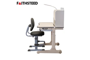 Height Adjustable Student Desk and Chair Set Modern School Classroom Furniture with Multi-tier Bookshelf and LED Study Lamp