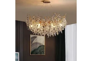 Luxury Metal Crystal Cascade Banquet Hall Art Deco Round Leaf Branch Indoor Hanging Lamp Decorative Pendant Light