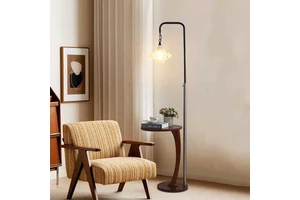 Modern Style Hotel Bedside Floor Lamp Glass Star Shade Wooden Base Standing Floor Lamp With Table For Living Room Villa Use