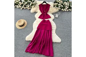 Temperament Twinset Summer High-Grade Sleeveless Knitted Top High Waist Stitching Sheath Skirt Suit