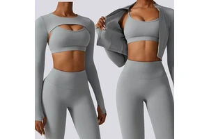 Custom Logo Women Sports Bra Long Sleeve Crop Tops Zip-up Yoga Jackets High Elastic Waist Workout Leggings Gym Fitness 4pcs Sets