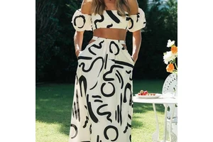 New Puffy Sleeve Top Hollowed Out Long Skirt Split Skirt Suit