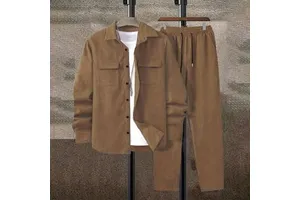 Men's Casual Solid Color Suit Set with Long Sleeve Shirt and Matching Trousers for Daily Wear and Youth Fashion