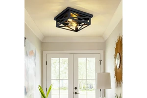 Elegant Iron Square Cross Flush Mount Light Dual E26 Sockets Max 60W Perfect for Contemporary Home Decor