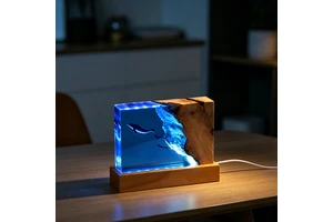 Flat Rectangle Burl Wood Resin Desk Lamp Ocean Blue Epoxy Whale Freediver Micro Landscape USB Beech Wood Base Night Light