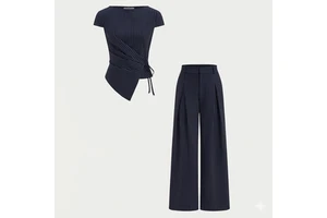 Asymmetric Wrap Peplum Top & Wide Leg Trouser Set Linear Pinstripe Co ord Set Navy Meridian Wrap Two Piece