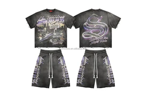 Custom Casual Distressed Tracksuits For Men High Quality Acid Wash Vintage T Shirts And Shorts Set Oversized Cotton Sweatsuit