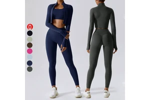 Quick Dry Solid Breathable Women 3-Piece Long Sleeve Leggings Compression Jacket Sports Bra Yoga Gym Workout Set Front