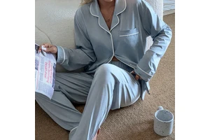 Custom Long Sleeve Modal Notched Collar Cotton Pyjamas With Piping Sleepwear Bamboo Pajamas Loungewear Women Sets