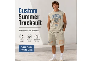IKDEER Custom Streetwear Dtg Printing Raw Hem Distressed Graphic Acid Wash Sleeveless T Shirt And Sweat Shorts Set Tank Top Men