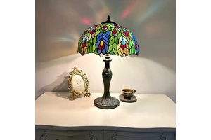 Longhuijing for Style 16-Inch Dome Stained Glass Eco-Friendly Green Peacock Lampshade Handmade Mediterranean LED E27