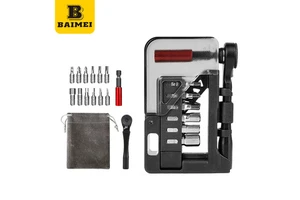 BAIMEI WX-1 Portable Aluminium Alloy Bicycle Repair Tool Kit Ratchet Wrench Set with Storage Box Screwdriver Bits CN