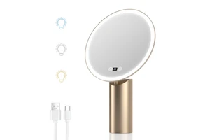 3 Color Lights Adjustable Brightness LED Ring Light Makeup Mirror Gold Stand Adjustable Angle Rechargeable Cosmetic Mirror