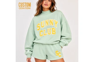 Custom Women's Towel Embroidery Mock Neck Oversize Sweatshirt With Cotton Shorts Fleece Casual Loungewear 2pcs Set Manufacturer