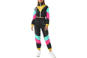 Unisex Two Piece Suit Printed Colorblock Long Sleeved Elastic Waistband Side Pockets Full Zip Corp Top Cropped Jacket Pants Set