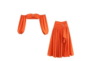 Women's Casual Summer New Pullover Tube Top Split Short Skirt Suit Ring Buckle Long Sleeve Solid Pattern Wholesale Foreign Trade