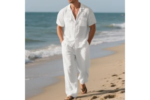 Custom Logo Summer Linen Loose Men's Casual Workwear Short-sleeved Shirt and Long Pants Set Beachwear