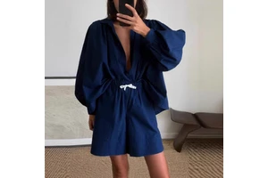 Autumn Winter New Lantern Sleeve Shirt Shorts Two-Piece Set Female Ntz6023