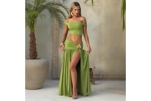 New Hot Selling Women's Suit Sexy Tube Top Vest Pure Color Split Long Skirt Two-Piece
