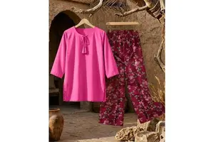 MUZANG Basic Coords Set Pure Cotton Lawn Casual Style Three-Quarter Sleeves for Spring/Summer