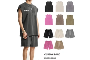2026 Oversized Custom High Quality Cotton Men's Workout Gym Tank Top&Shorts Adults Sleeveless Cut Off Acid Wash Summer Sets