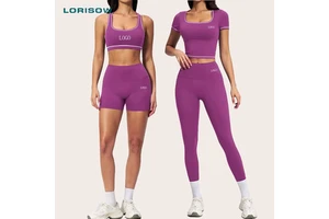 LORISOW Custom Logo 4 Piece Workout Sets Women's Short Sleeve Slim-Fit Sportswear High Waist Tight Sports Fitness Set