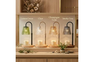 Wholesale Multi-color Flameless Candle Warmer Lamp, Champagne Gold Faceted Glass Shade, Adjustable Curved Metal Arm Wood Base
