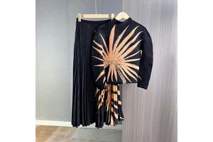 Sheen Miyaki Pleated Full Sleeve Two Piece Casual Suit New Summer Floral Printed Slim T-shirt and Long African Print Skirt Sets