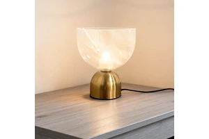 Contemporary Simple DC Powered Transparent Glass Shade Table Lamp with Luxury Brass Base Bedside Nightstand Light