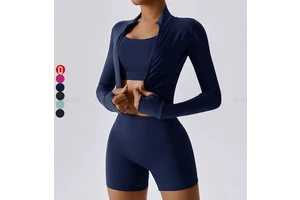 High Quality Women 3 Pieces Long Sleeve Gym Fitness Set Breathable Custom Logo Active Wear Yoga Jacket Bra Shorts Set For Women