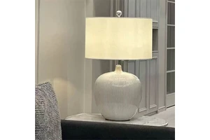 Contemporary Neutral Ceramic Table Lamp with Cylindrical White Minimalist Fabric Shade for Bedroom Hotel Villa Living Room