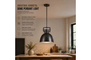 YH Industrial Metal Dome Brass Pendant Light Gunmetal Black Hanging Lamp With Golden Interior Knurled Detail Frame