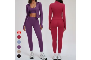 Women's Three-Piece Yoga Set Solid Color Sports Wear Elastic Waist Leggings Front Zipper Gym Jacket Sports Bra Workout Sets