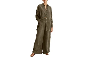 Women Oversized Fit Collared Neckline Centre Front Contrast Buttons Long Cuff Detail Side Splits 100% Cupro Shirt and Pants Set