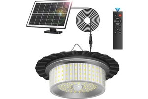 Solar Powered Shed Light 244 LED Motion Sensor Pendant Lamp Waterproof Remote Control Light for Garage Barn Gazebo