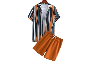 Custom Summer Beach Suits Men's Casual 2 Piece Set Short Sleeve Shirt + Shorts Loose Printed Elastic Waist Short Pants Terry