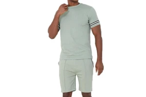 Men's Sage Green Fitted Summer Set Sleeve T-Shirt Matching Shorts Casual Sporty Cotton Blend Two Piece High-quality Quick Dry
